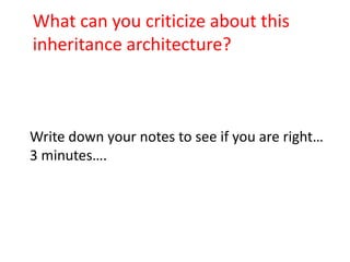 What can you criticize about this
inheritance architecture?



Write down your notes to see if you are right…
3 minutes….
 