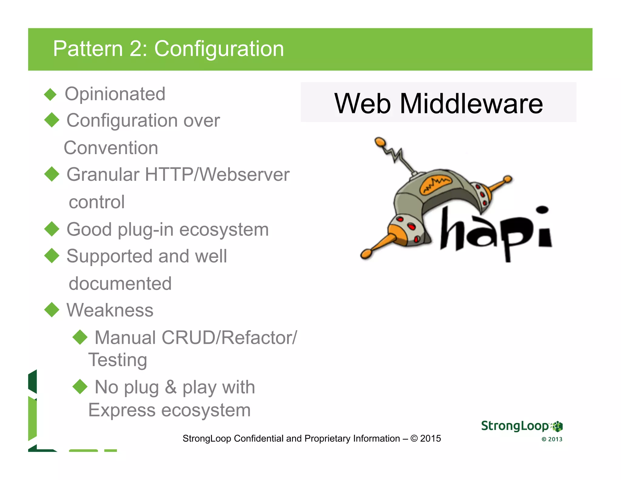 Pattern 2: Configuration
u  Opinionated
u Configuration over
Convention
u Granular HTTP/Webserver
control
u Good plug-in ecosystem
u Supported and well
documented
u Weakness
u Manual CRUD/Refactor/
Testing
u No plug & play with
Express ecosystem
StrongLoop Confidential and Proprietary Information – © 2015
Web Middleware
 