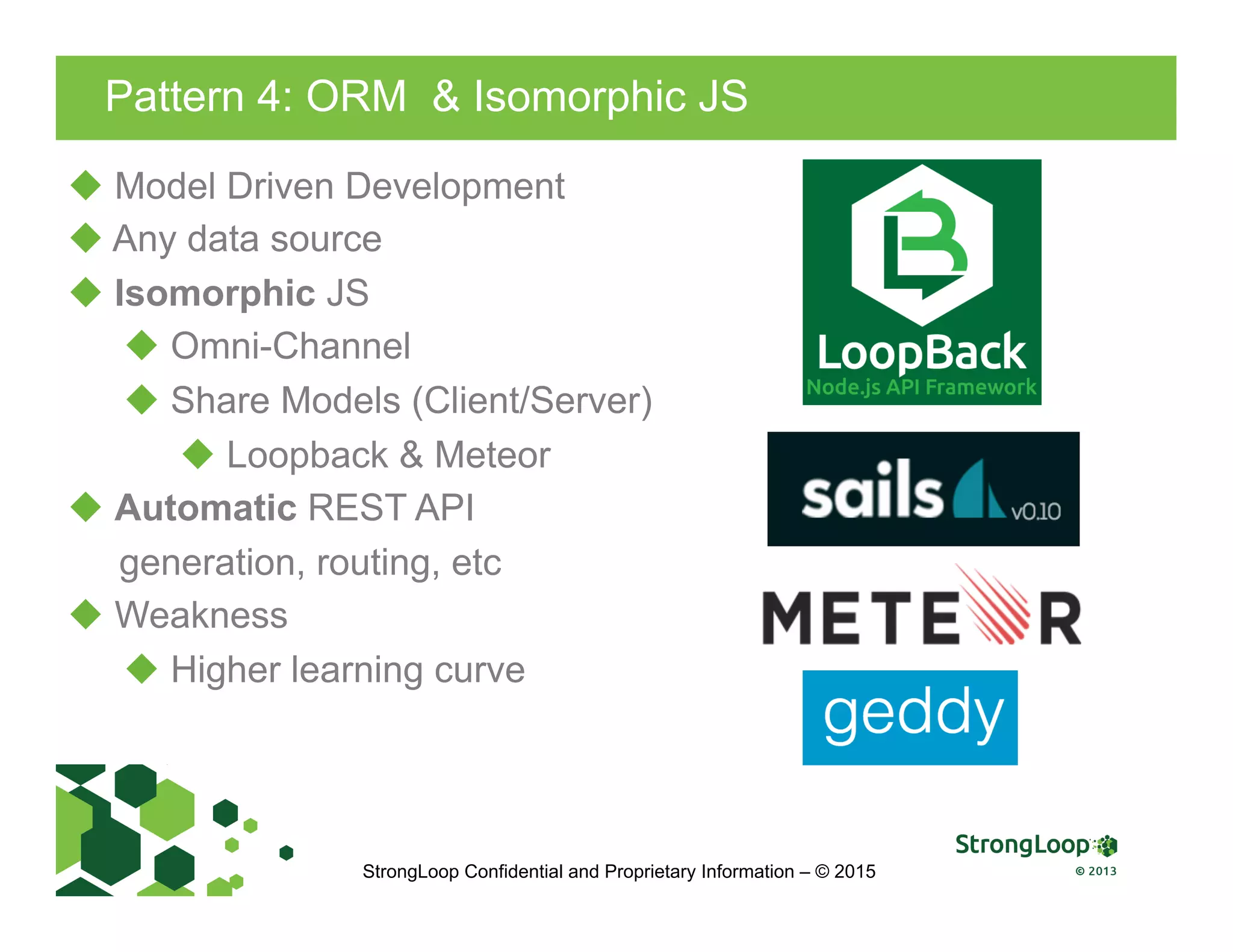 Pattern 4: ORM & Isomorphic JS
u Model Driven Development
u Any data source
u Isomorphic JS
u Omni-Channel
u Share Models (Client/Server)
u Loopback & Meteor
u Automatic REST API
generation, routing, etc
u Weakness
u Higher learning curve
StrongLoop Confidential and Proprietary Information – © 2015
 