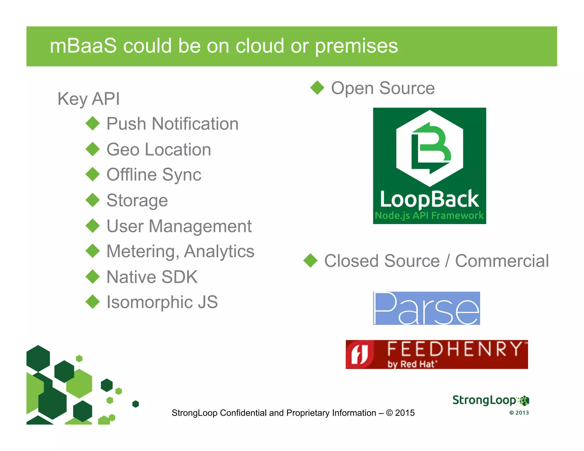mBaaS could be on cloud or premises
StrongLoop Confidential and Proprietary Information – © 2015
u Closed Source / Commercial
u Open Source
Key API
u Push Notification
u Geo Location
u Offline Sync
u Storage
u User Management
u Metering, Analytics
u Native SDK
u Isomorphic JS
 