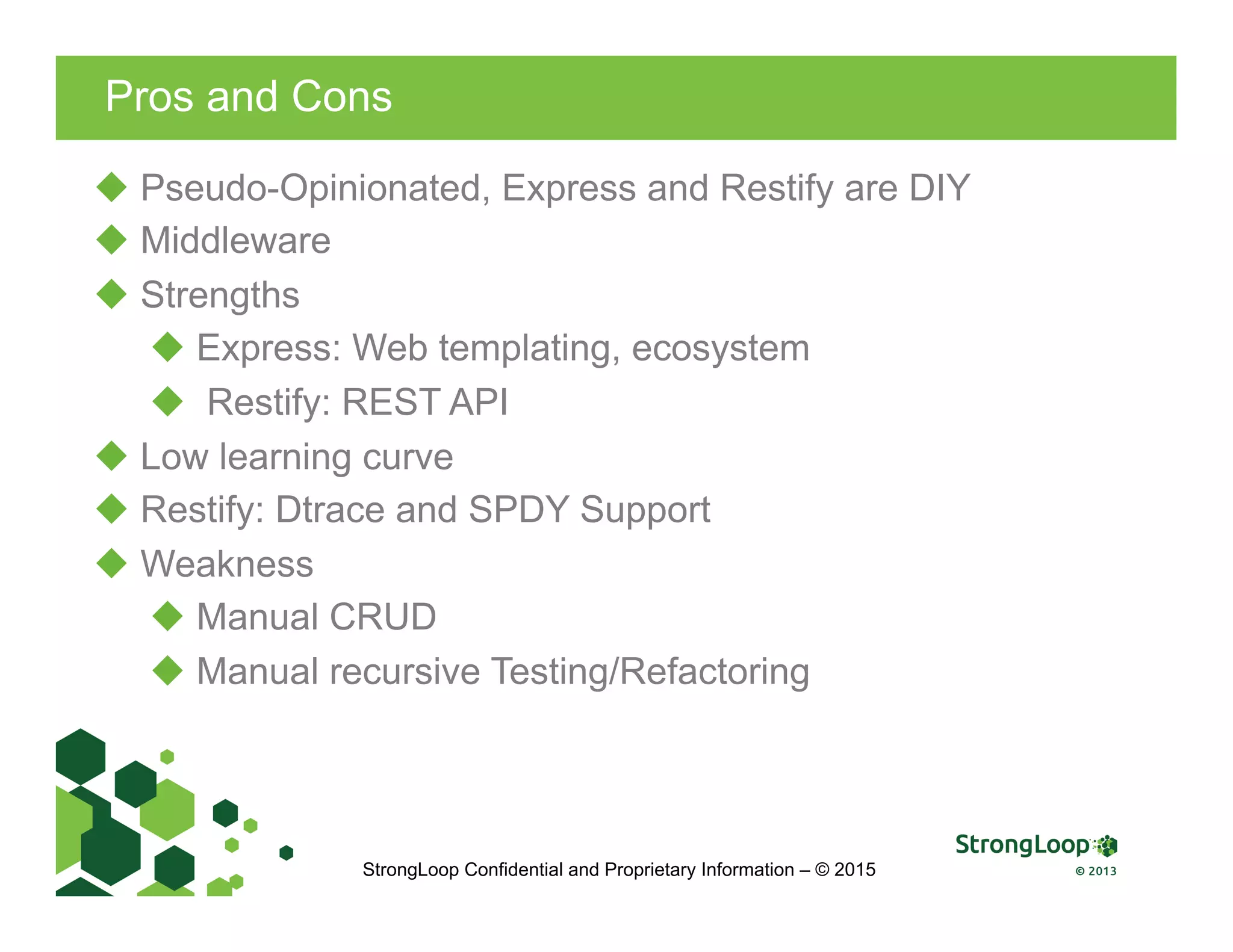 Pros and Cons
StrongLoop Confidential and Proprietary Information – © 2015
u Pseudo-Opinionated, Express and Restify are DIY
u Middleware
u Strengths
u Express: Web templating, ecosystem
u  Restify: REST API
u Low learning curve
u Restify: Dtrace and SPDY Support
u Weakness
u Manual CRUD
u Manual recursive Testing/Refactoring
 