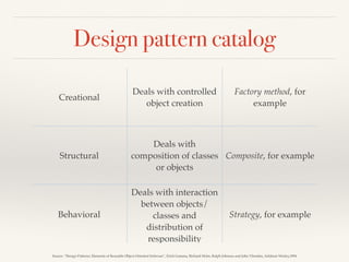 Design pattern catalog
Source: “Design Patterns: Elements of Reusable Object-Oriented Software”, Erich Gamma, Richard Helm, Ralph Johnson and John Vlissides, Addison-Wesley,1994
Creational
Deals with controlled
object creation
Factory method, for
example
Structural
Deals with
composition of classes
or objects
Composite, for example
Behavioral
Deals with interaction
between objects/
classes and
distribution of
responsibility
Strategy, for example
 