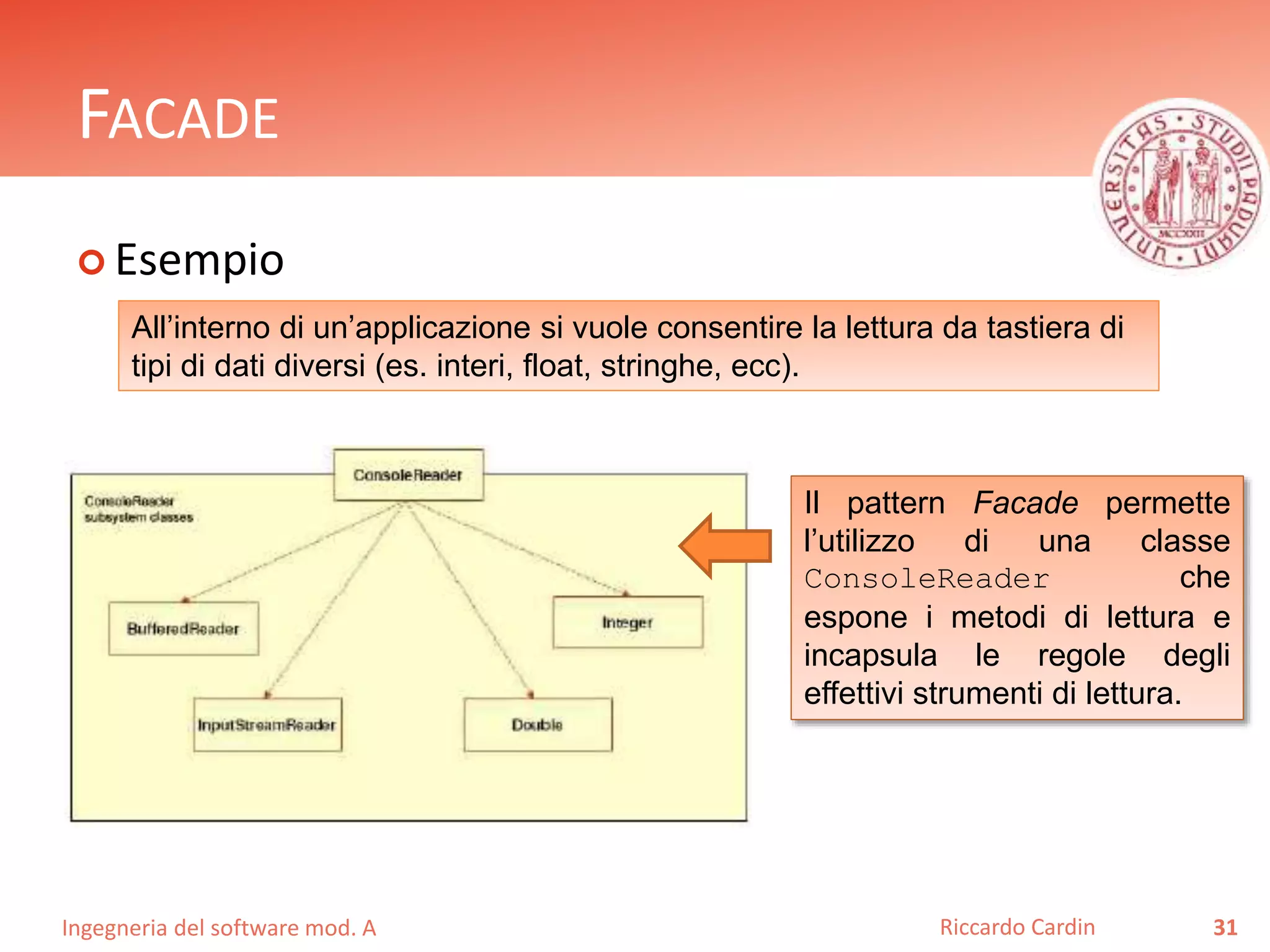 Ingegneria del software mod. A
FACADE
 Esempio
31Riccardo Cardin
All’interno di un’applicazione si vuole consentire la lettura da tastiera di
tipi di dati diversi (es. interi, float, stringhe, ecc).
Il pattern Facade permette
l’utilizzo di una classe
ConsoleReader che
espone i metodi di lettura e
incapsula le regole degli
effettivi strumenti di lettura.
 