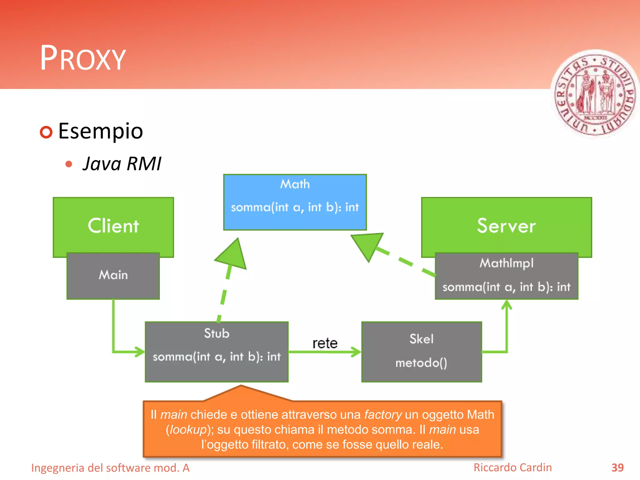 Ingegneria del software mod. A
PROXY
 Esempio
 Java RMI
39Riccardo Cardin
Il main chiede e ottiene attraverso una factory un oggetto Math
(lookup); su questo chiama il metodo somma. Il main usa
l’oggetto filtrato, come se fosse quello reale.
 