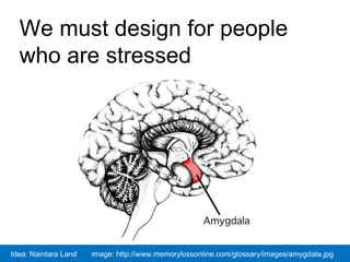 @cjforms #gdsteamIdea: Naintara Land image: http://www.memorylossonline.com/glossary/images/amygdala.jpg
We must design for people
who are stressed
 