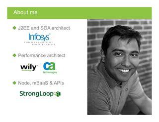 About me
u J2EE and SOA architect
u Performance architect
u Node, mBaaS & APIs
 