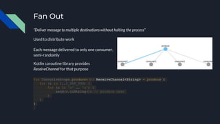 Fan Out
“Deliver message to multiple destinations without halting the process”
Producer
Consumer 1 Consumer 2 Consumer 3
“r” “n” “d”
Used to distribute work
Each message delivered to only one consumer,
semi-randomly
Kotlin coroutine library provides
ReceiveChannel for that purpose
fun CoroutineScope.producer(): ReceiveChannel<String> = produce {
for (i in 1..1_000_000) {
for (c in 'a' .. 'z') {
send(c.toString()) // produce next
}
}
}
 