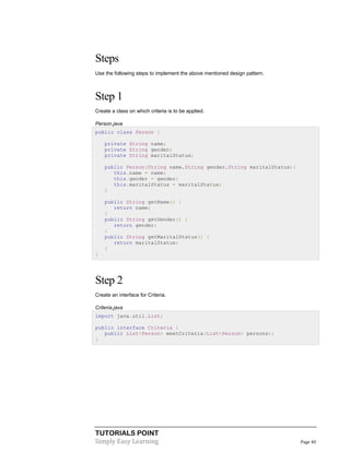 Steps
Use the following steps to implement the above mentioned design pattern.

Step 1
Create a class on which criteria is to be applied.
Person.java
public class Person {
private String name;
private String gender;
private String maritalStatus;
public Person(String name,String gender,String maritalStatus){
this.name = name;
this.gender = gender;
this.maritalStatus = maritalStatus;
}
public String getName() {
return name;
}
public String getGender() {
return gender;
}
public String getMaritalStatus() {
return maritalStatus;
}
}

Step 2
Create an interface for Criteria.
Criteria.java
import java.util.List;
public interface Criteria {
public List<Person> meetCriteria(List<Person> persons);
}

TUTORIALS POINT
Simply Easy Learning

Page 40

 