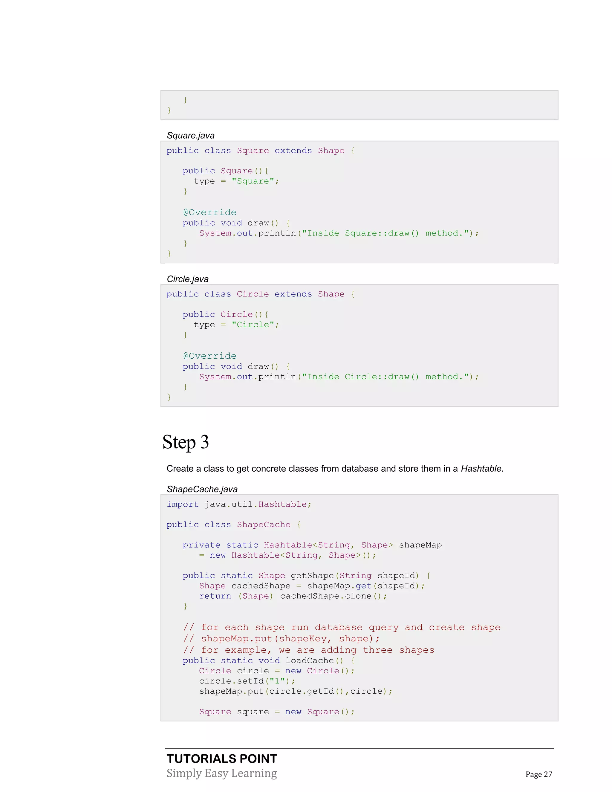 TUTORIALS POINT
Simply Easy Learning Page 27
}
}
Square.java
public class Square extends Shape {
public Square(){
type = "Square";
}
@Override
public void draw() {
System.out.println("Inside Square::draw() method.");
}
}
Circle.java
public class Circle extends Shape {
public Circle(){
type = "Circle";
}
@Override
public void draw() {
System.out.println("Inside Circle::draw() method.");
}
}
Step 3
Create a class to get concrete classes from database and store them in a Hashtable.
ShapeCache.java
import java.util.Hashtable;
public class ShapeCache {
private static Hashtable<String, Shape> shapeMap
= new Hashtable<String, Shape>();
public static Shape getShape(String shapeId) {
Shape cachedShape = shapeMap.get(shapeId);
return (Shape) cachedShape.clone();
}
// for each shape run database query and create shape
// shapeMap.put(shapeKey, shape);
// for example, we are adding three shapes
public static void loadCache() {
Circle circle = new Circle();
circle.setId("1");
shapeMap.put(circle.getId(),circle);
Square square = new Square();
 