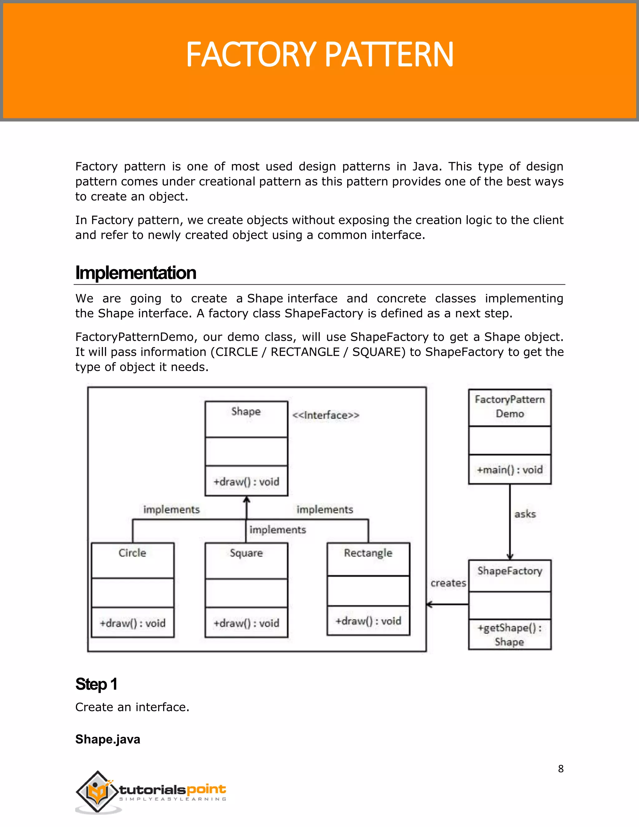 8
Factory pattern is one of most used design patterns in Java. This type of design
pattern comes under creational pattern as this pattern provides one of the best ways
to create an object.
In Factory pattern, we create objects without exposing the creation logic to the client
and refer to newly created object using a common interface.
Implementation
We are going to create a Shape interface and concrete classes implementing
the Shape interface. A factory class ShapeFactory is defined as a next step.
FactoryPatternDemo, our demo class, will use ShapeFactory to get a Shape object.
It will pass information (CIRCLE / RECTANGLE / SQUARE) to ShapeFactory to get the
type of object it needs.
Step1
Create an interface.
Shape.java
FACTORY PATTERN
 