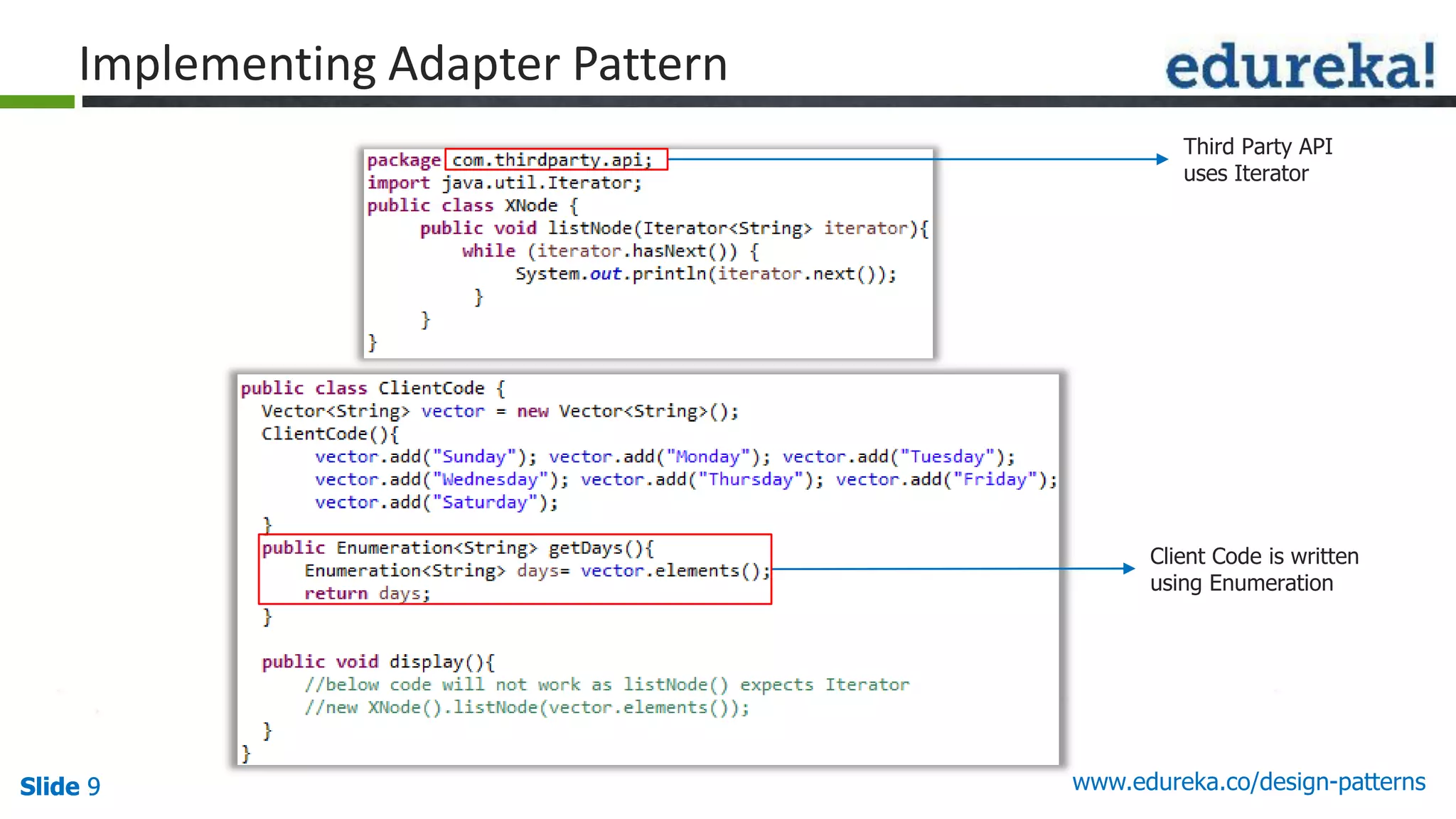 Slide 9Slide 9Slide 9 www.edureka.co/design-patterns
Implementing Adapter Pattern
Client Code is written
using Enumeration
Third Party API
uses Iterator
 