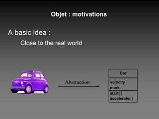 Objet : motivations A basic idea : Close to the real world Abstraction start( ) accelerate( ) velocity mark Car 