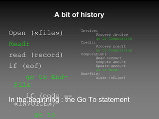 A bit of history Open («file») Read: read (record)  if (eof)  go to End-File if (code == «INVOICE») go to Invoice if (code == «CREDIT») go to Credit if (code == «PROFORMAT») go to Read In the beginning : the Go To statement Invoice: Process invoice go to Computation  Credit: Process credit go to Computation Computation: Read account Compute amount Update account go to Read: End-File: close («file») 