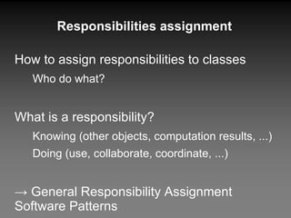 How to assign responsibilities to classes Who do what? What is a responsibility? Knowing (other objects, computation results, ...) Doing (use, collaborate, coordinate, ...) ->  General Responsibility Assignment Software Patterns [Graig Larman, "Applying UML and Patterns", 1998] Responsibilities assignment 