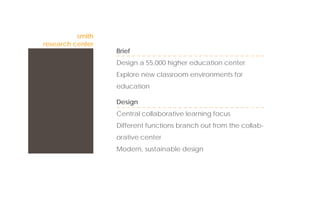 smith
research center
                  Brief
                  Design a 55,000 higher education center
                  Explore new classroom environments for
                  education

                  Design
                  Central collaborative learning focus
                  Different functions branch out from the collab-
                  orative center
                  Modern, sustainable design
 