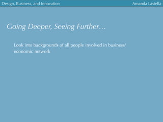 Design, Business, and Innovation
	
  
Amanda Lastella
Going Deeper, Seeing Further…
Look into backgrounds of all people involved in business/
economic network
 
