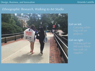 Ethnographic Research, Walking to Art Studio
Girl on left:
Carrying white
bag with art
projects
Girl on right:
Helping girl on
left carry black
box with art
supplies
Design, Business, and Innovation
	
  
Amanda Lastella
 
