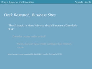 Design, Business, and Innovation
	
  
Amanda Lastella
Desk Research, Business Sites
“There’s Magic in Mess: Why you should Embrace a Disorderly
Desk”
Disorder creates order in itself
Messy piles on desk create computer-like memory
cache
https://www.ft.com/content/e6f82da0-8b4d-11e6-8cb7-e7ada1d123b1
 