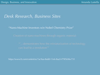 Design, Business, and Innovation
	
  
Amanda Lastella
Desk Research, Business Sites
“Nano-Machine Inventors win Nobel Chemistry Prize”
Creation of nano-machines through organic material
“’…demonstrates how the miniaturization of technology
can lead to a revolution’”
https://www.ft.com/content/ac7ac9aa-8add-11e6-8aa5-f79f5696c731
 