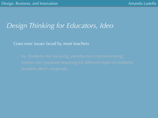 Design, Business, and Innovation
	
  
Amanda Lastella
Design Thinking for Educators, Ideo
Goes over issues faced by most teachers
ex. Students not focusing, parents not communicating,
rooms can’t promote learning for different types of students,
teachers don’t cooperate
 