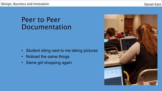Peer to Peer
Documentation
• Student siting next to me taking pictures
• Noticed the same things
• Same girl shopping again
Design, Business and Innovation Daniel Katz
 