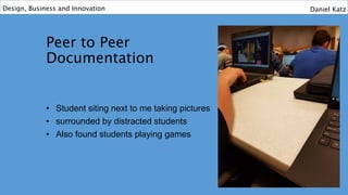 Peer to Peer
Documentation
• Student siting next to me taking pictures
• surrounded by distracted students
• Also found students playing games
Design, Business and Innovation Daniel Katz
 