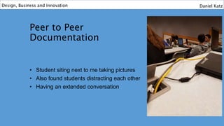 Peer to Peer
Documentation
• Student siting next to me taking pictures
• Also found students distracting each other
• Having an extended conversation
Design, Business and Innovation Daniel Katz
 