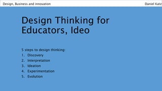Design Thinking for
Educators, Ideo
5 steps to design thinking:
1. Discovery
2. Interpretation
3. Ideation
4. Experimentation
5. Evolution
Design, Business and innovation Daniel Katz
 
