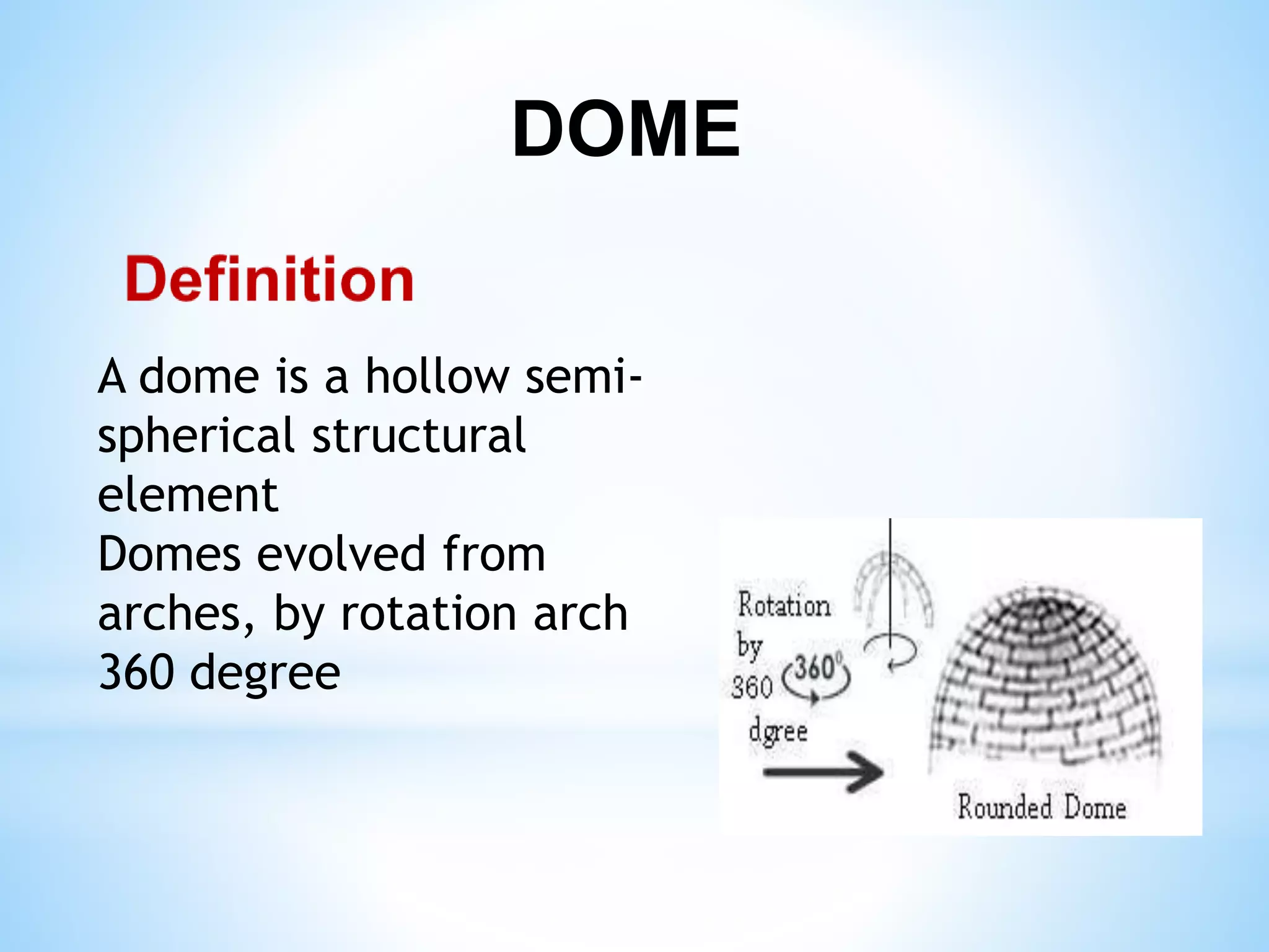A dome is a hollow semi-
spherical structural
element
Domes evolved from
arches, by rotation arch
360 degree
DOME
 