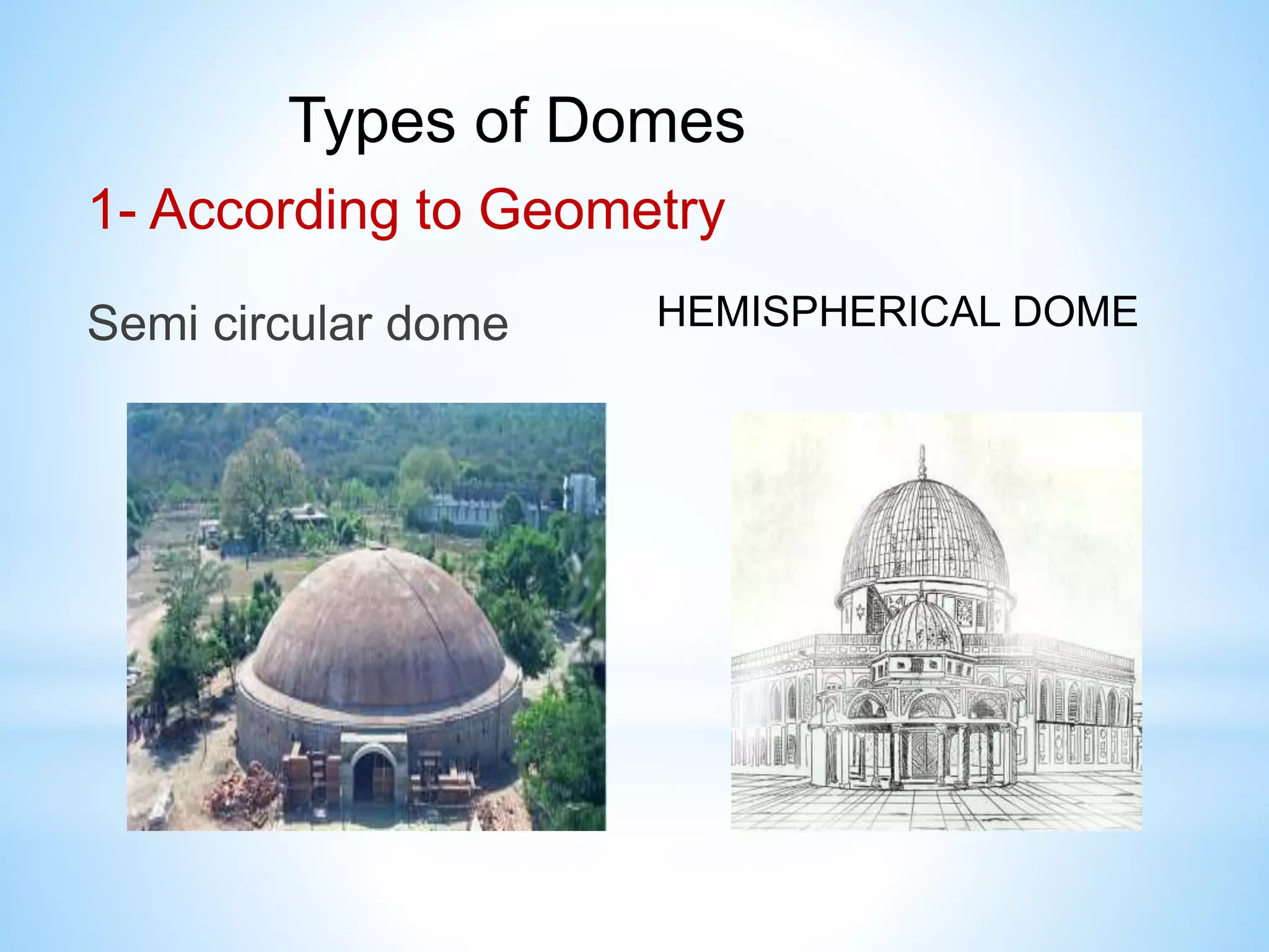 Types of Domes
1- According to Geometry
Semi circular dome HEMISPHERICAL DOME
 