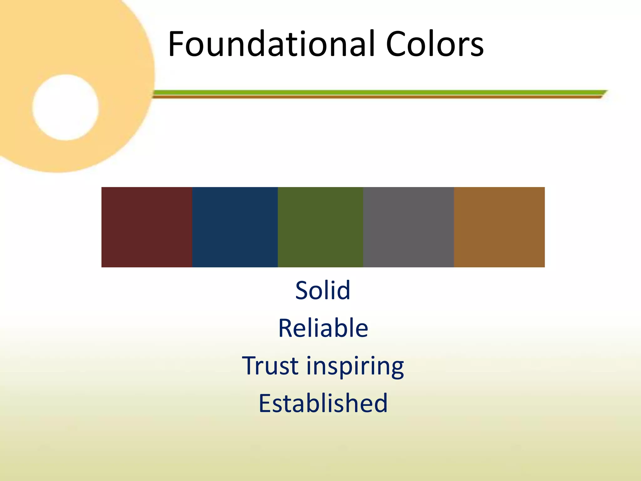 Foundational Colors




         Solid
       Reliable
    Trust inspiring
     Established
 