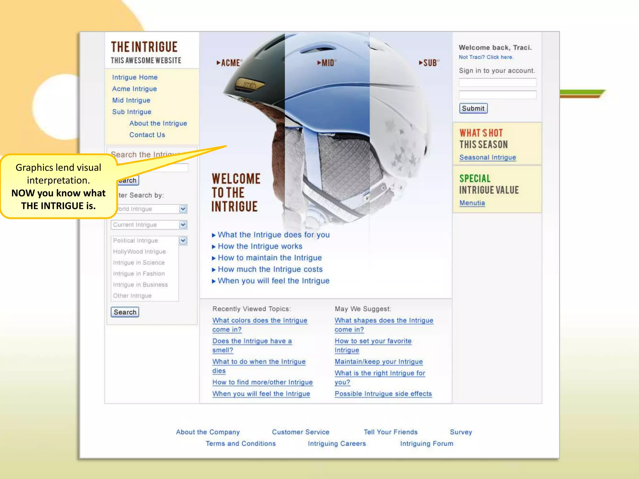 Graphics lend visual
   interpretation.
NOW you know what
  THE INTRIGUE is.
 