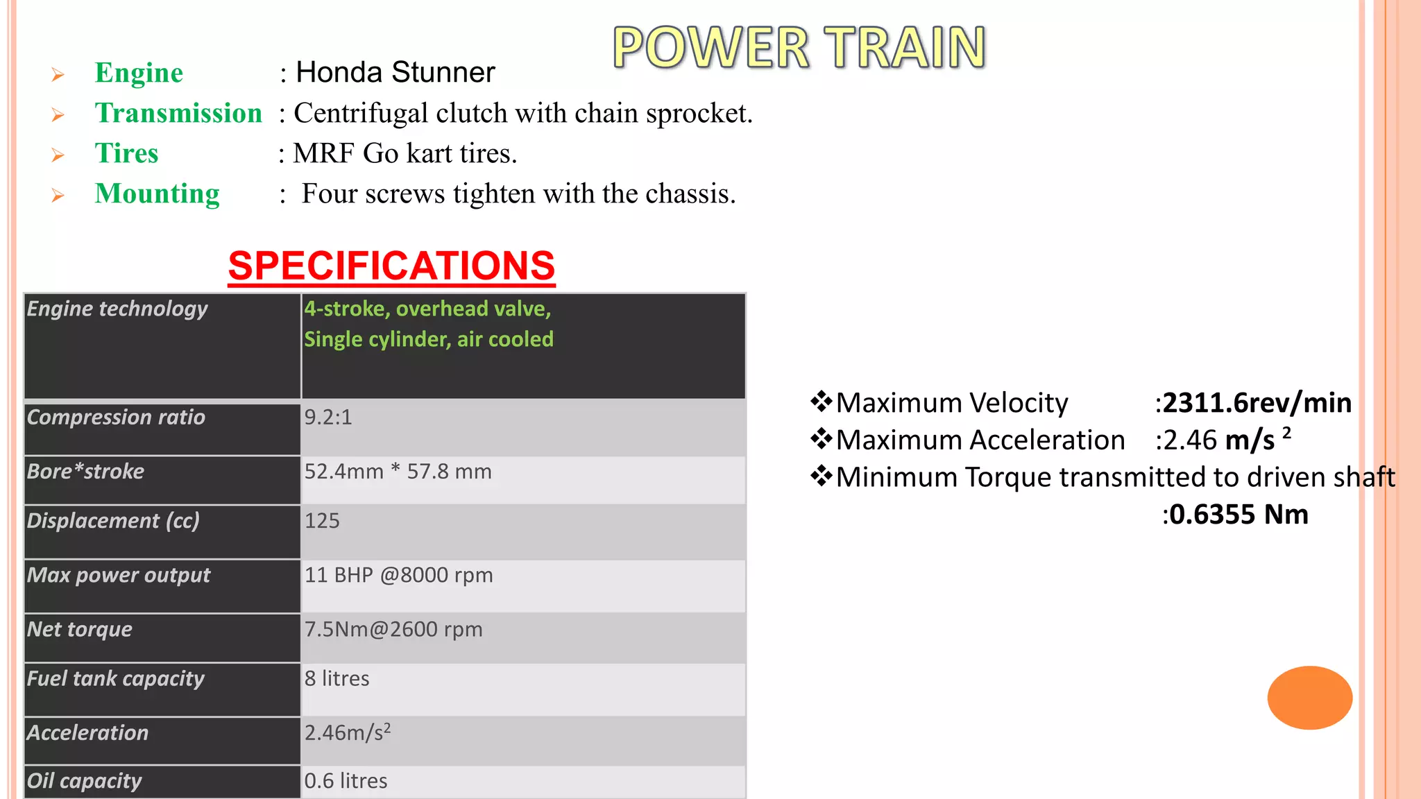  Engine : Honda Stunner
 Transmission : Centrifugal clutch with chain sprocket.
 Tires : MRF Go kart tires.
 Mounting : Four screws tighten with the chassis.
Engine technology 4-stroke, overhead valve,
Single cylinder, air cooled
Compression ratio 9.2:1
Bore*stroke 52.4mm * 57.8 mm
Displacement (cc) 125
Max power output 11 BHP @8000 rpm
Net torque 7.5Nm@2600 rpm
Fuel tank capacity 8 litres
Acceleration 2.46m/s2
Oil capacity 0.6 litres
SPECIFICATIONS
Maximum Velocity :2311.6rev/min
Maximum Acceleration :2.46 m/s ²
Minimum Torque transmitted to driven shaft
:0.6355 Nm
 