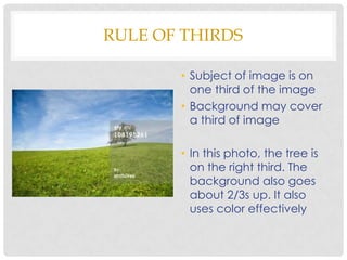 RULE OF THIRDS

       • Subject of image is on
         one third of the image
       • Background may cover
         a third of image

       • In this photo, the tree is
         on the right third. The
         background also goes
         about 2/3s up. It also
         uses color effectively
 