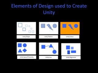 Elements of Design used to Create
Unity
Unity Shape Unity Pattern Unity Colour
Unity Space/Proximity Unity Line Unity Alignment
 