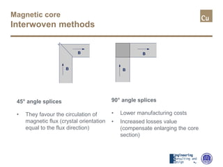 Magnetic core
Interwoven methods
45° angle splices
• They favour the circulation of
magnetic flux (crystal orientation
equal to the flux direction)
B B
B B
90° angle splices
• Lower manufacturing costs
• Increased losses value
(compensate enlarging the core
section)
 