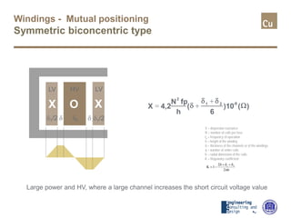 Windings - Mutual positioning
Symmetric biconcentric type
X 4,2
N fp
h
(
6
)10 ( )
2
1 2 -8
= +
+
δ
δ δ
Ω
Large power and HV, where a large channel increases the short circuit voltage value
X O
LV HV
δ1/2 δ2δ
X
LV
δ1/2δ
X = dispersion reactance
N = number of coils per fase
fp = frequency of operation
h = height of the winding
δ = thickness of the channels or of the windings
q = number of entire coils
b = radial dimension of the coils
K = Rogowsky coefficient:
b2
2
1K 21
π
δ+δ+δ
−=
 