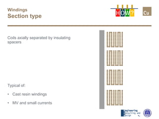 Windings
Section type
Coils axially separated by insulating
spacers
Typical of:
• Cast resin windings
• MV and small currents
H OW?
 