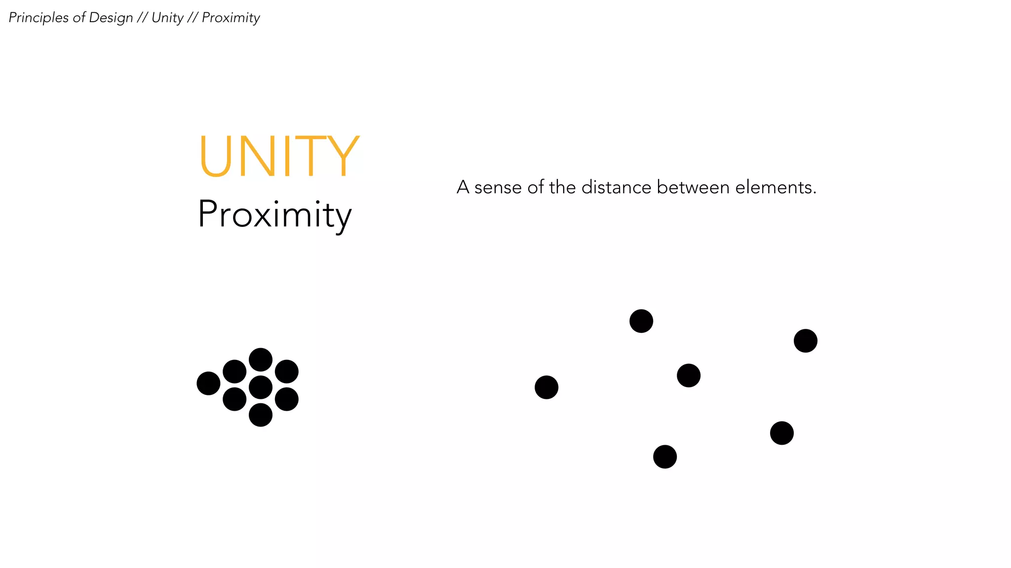 UNITY
Proximity
A sense of the distance between elements.
Principles of Design // Unity // Proximity
 