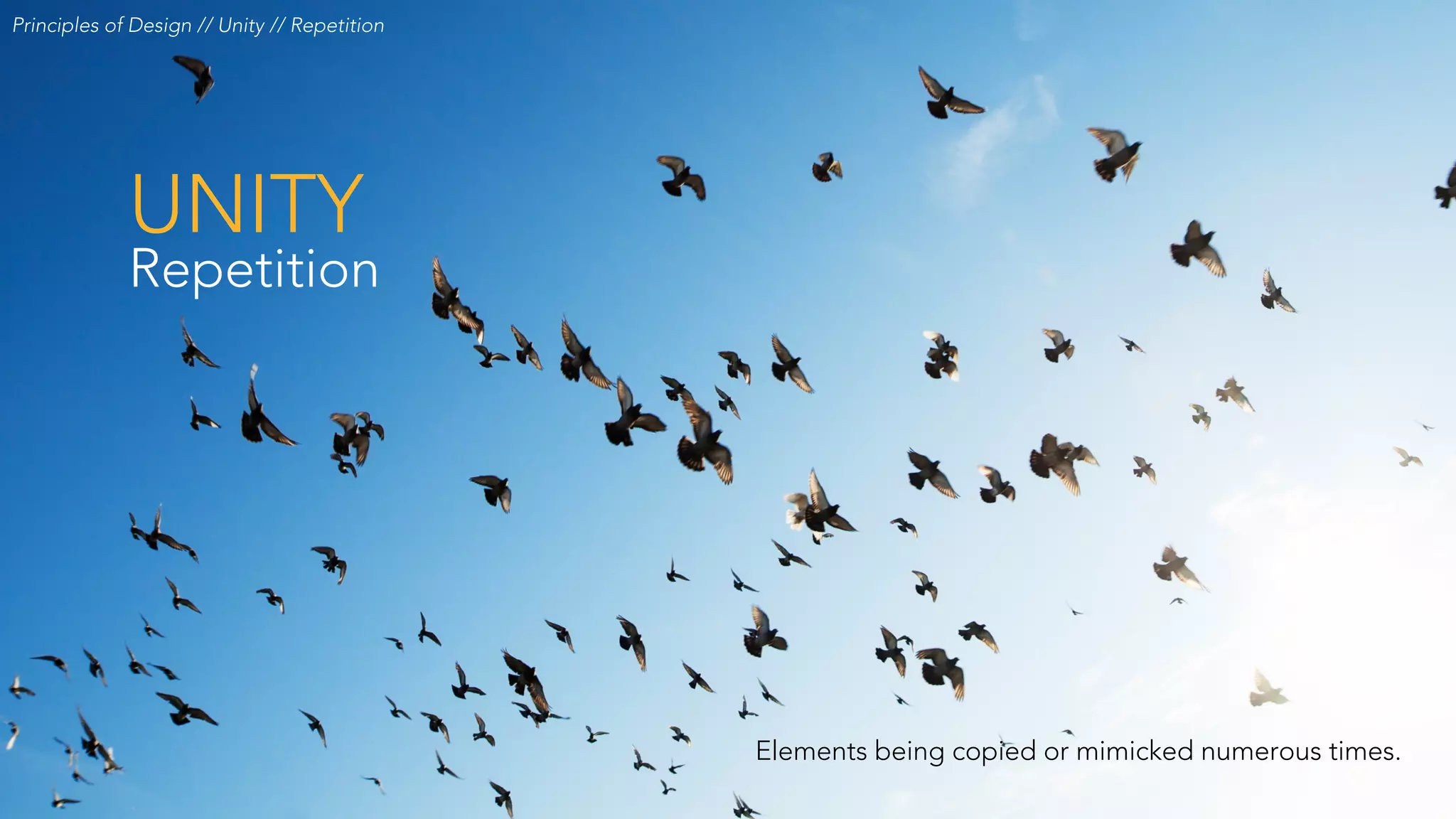 UNITY
Repetition
Principles of Design // Unity // Repetition
Elements being copied or mimicked numerous times.
 