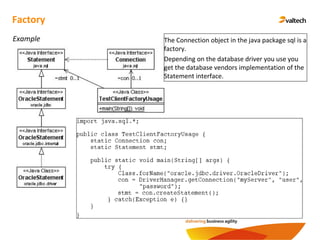 Factory
Example The Connection object in the java package sql is a
factory.
Depending on the database driver you use you
get the database vendors implementation of the
Statement interface.
 