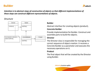 Builder
Intention is to abstract steps of construction of objects so that different implementations of
these steps can construct different representations of objects.
Structure
Builder
Abstract interface for creating objects (product).
Concrete Builder
Provide implementation for Builder. Construct and
assemble parts to build the objects.
Director
The Director class is responsible for managing the
correct sequence of object creation. It receives a
Concrete Builder as a parameter and executes the
necessary operations on it.
Product
The final object that will be created by the Director
using Builder.
 