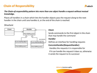 Chain of Responsibility
The Chain-of-responsibility pattern lets more than one object handle a request without mutual
knowledge.
Structure
Client
Sends commands to the first object in the chain
that may handle the command
Handler
Defines an interface for handling requests
ConcreteHandler(RequestHandler)
- Handles the requests it is responsible for
- If it can handle the request it does so, otherwise
it sends the request to its successor
Places all handlers in a chain which lets the handler objects pass the request along to the next
handler in the chain until one handles it, or the end of the chain is reached.
 