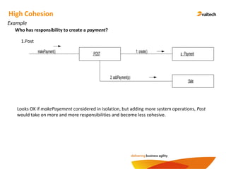 High Cohesion
Example
Who has responsibility to create a payment?
1.Post
:POST p : Payment
:Sale
makePayment() 1: create()
2: addPayment(p)
Looks OK if makePayement considered in isolation, but adding more system operations, Post
would take on more and more responsibilities and become less cohesive.
 