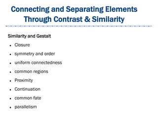 Connecting and Separating Elements
Through Contrast & Similarity
Similarity and Gestalt
 Closure
 symmetry and order
 uniform connectedness
 common regions
 Proximity
 Continuation
 common fate
 parallelism
 
