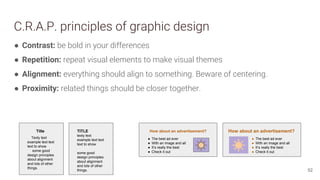 C.R.A.P. principles of graphic design
● Contrast: be bold in your differences
● Repetition: repeat visual elements to make visual themes
● Alignment: everything should align to something. Beware of centering.
● Proximity: related things should be closer together.
52
Title
Texty text
example text text
text to show
some good
design principles
about alignment
and lots of other
things.
TITLE
texty text
example text text
text to show
some good
design principles
about alignment
and lots of other
things.
How about an advertisement?
● The best ad ever
● With an image and all
● It’s really the best
● Check it out
How about an advertisement?
● The best ad ever
● With an image and all
● It’s really the best
● Check it out
 