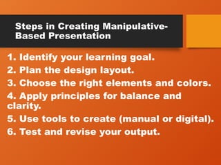 Steps in Creating Manipulative-
Based Presentation
1. Identify your learning goal.
2. Plan the design layout.
3. Choose the right elements and colors.
4. Apply principles for balance and
clarity.
5. Use tools to create (manual or digital).
6. Test and revise your output.
 