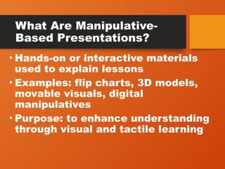 What Are Manipulative-
Based Presentations?
• Hands-on or interactive materials
used to explain lessons
• Examples: flip charts, 3D models,
movable visuals, digital
manipulatives
• Purpose: to enhance understanding
through visual and tactile learning
 