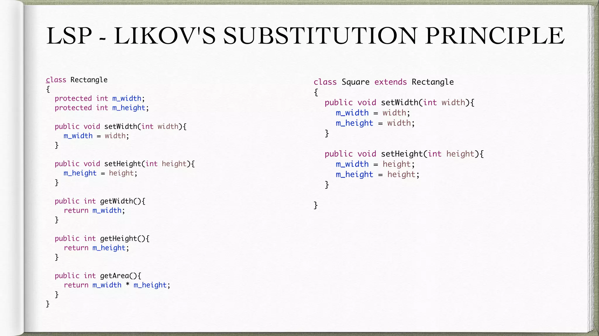LSP - LIKOV'S SUBSTITUTION PRINCIPLE
class Rectangle
{
protected int m_width;
protected int m_height;
public void setWidth(int width){
m_width = width;
}
public void setHeight(int height){
m_height = height;
}
public int getWidth(){
return m_width;
}
public int getHeight(){
return m_height;
}
public int getArea(){
return m_width * m_height;
}
}
class Square extends Rectangle
{
public void setWidth(int width){
m_width = width;
m_height = width;
}
public void setHeight(int height){
m_width = height;
m_height = height;
}
}
 