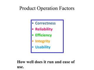 • Correctness
• Reliability
• Efficiency
• Integrity
• Usability
Product Operation Factors
How well does it run and ease of
use.
 